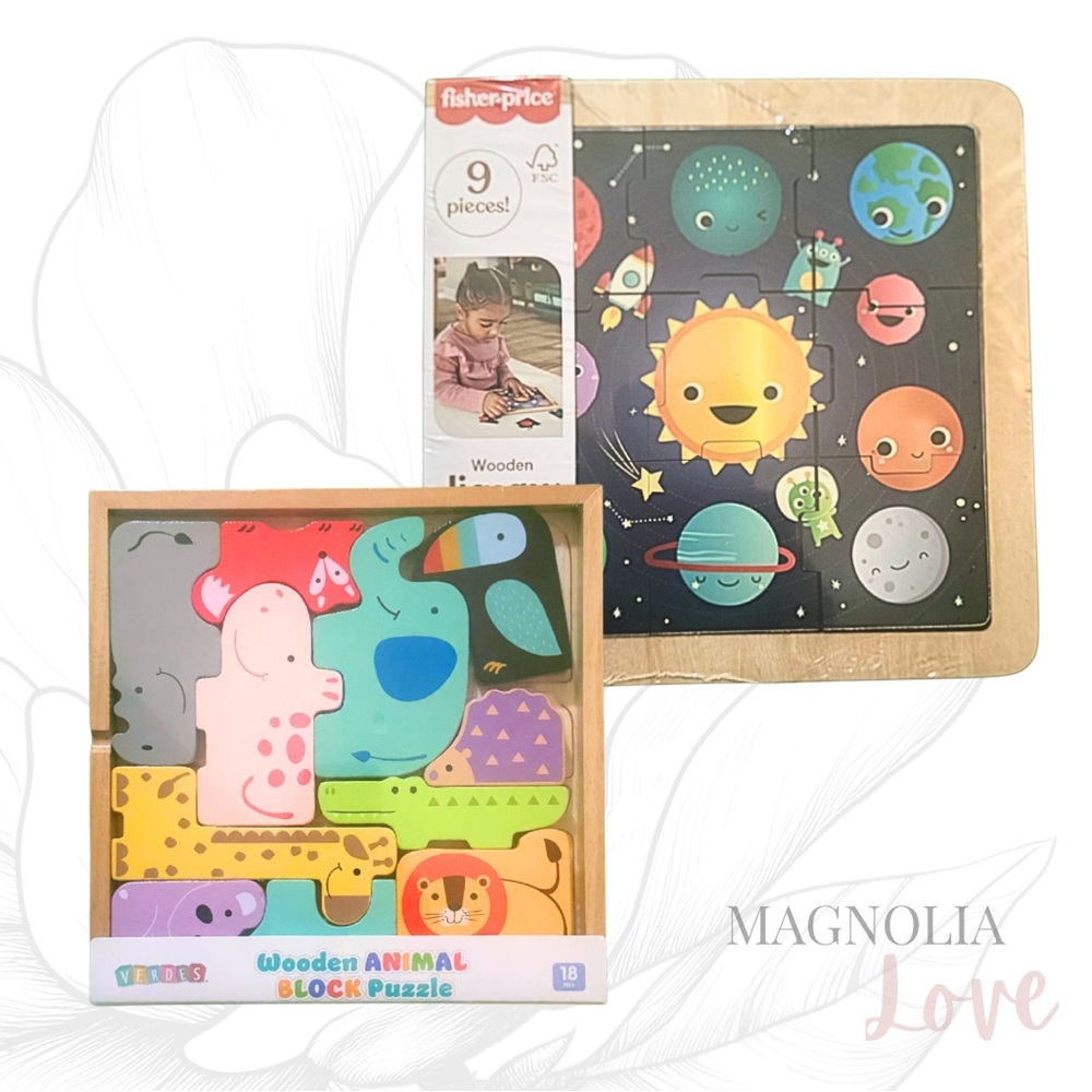 🧩 Wooden Puzzle Set First Block Puzzles Fisher-Price Zoo Animals Verdes Space